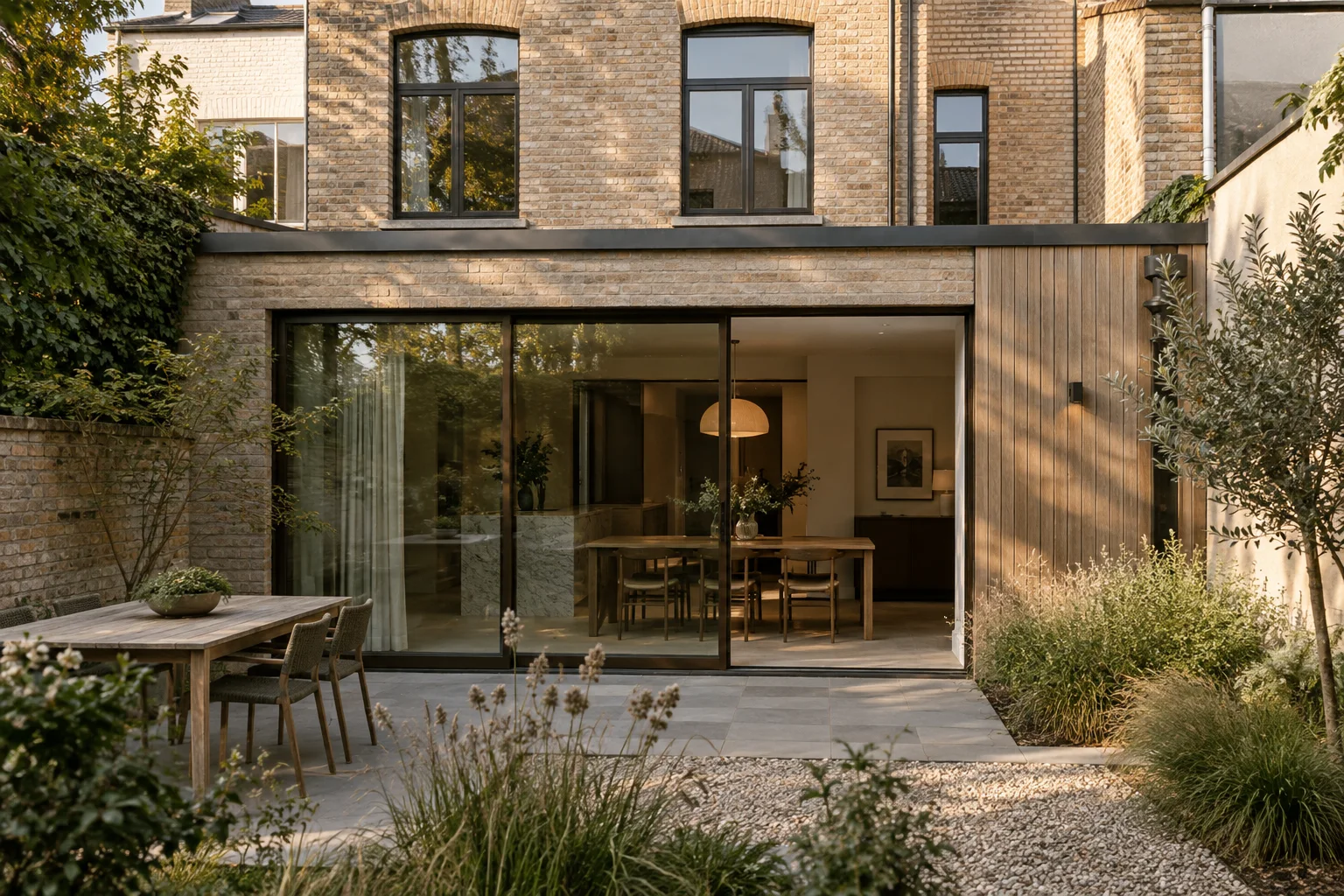 Bakstenen uitbreiding met houten geveldetails en grote ramen